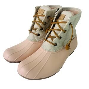 Sperry Sz 8.5 Women Saltwater Canvass Rubber Duck Boots Rose Oat Pink Waterproof